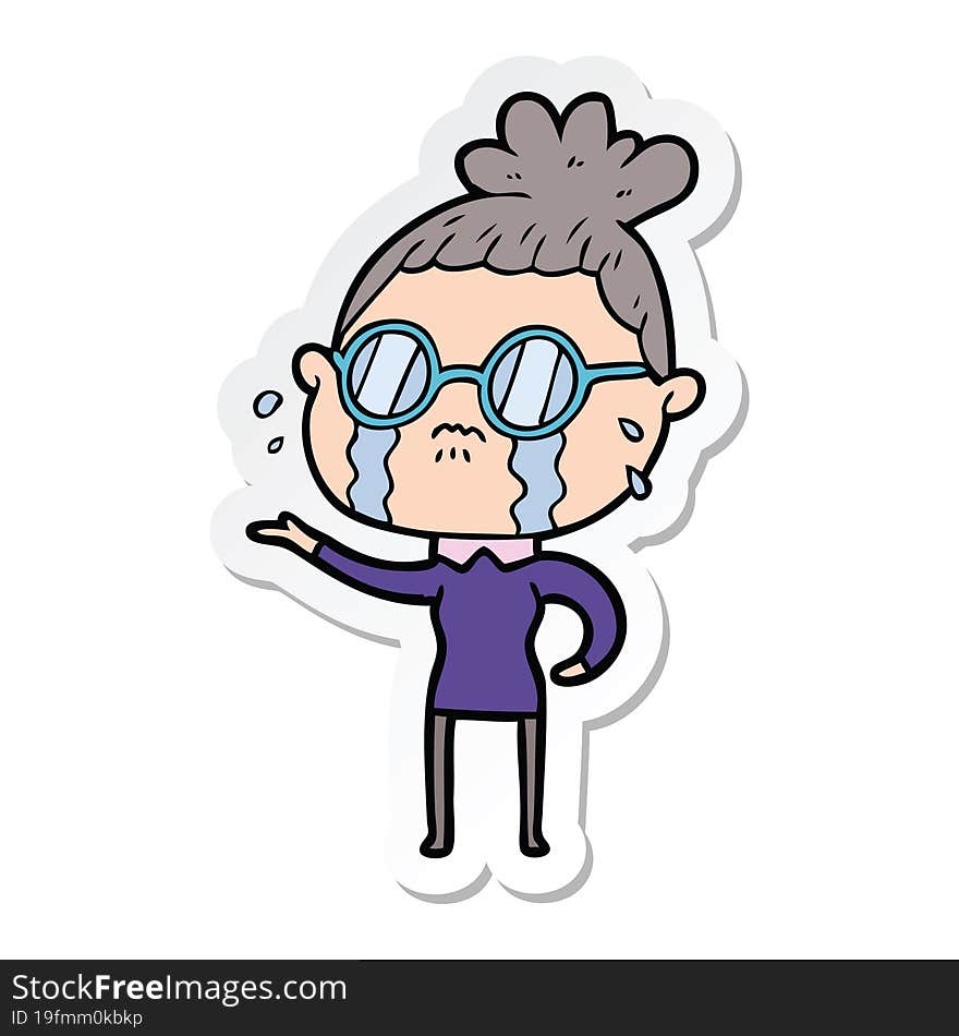 sticker of a cartoon crying woman wearing spectacles