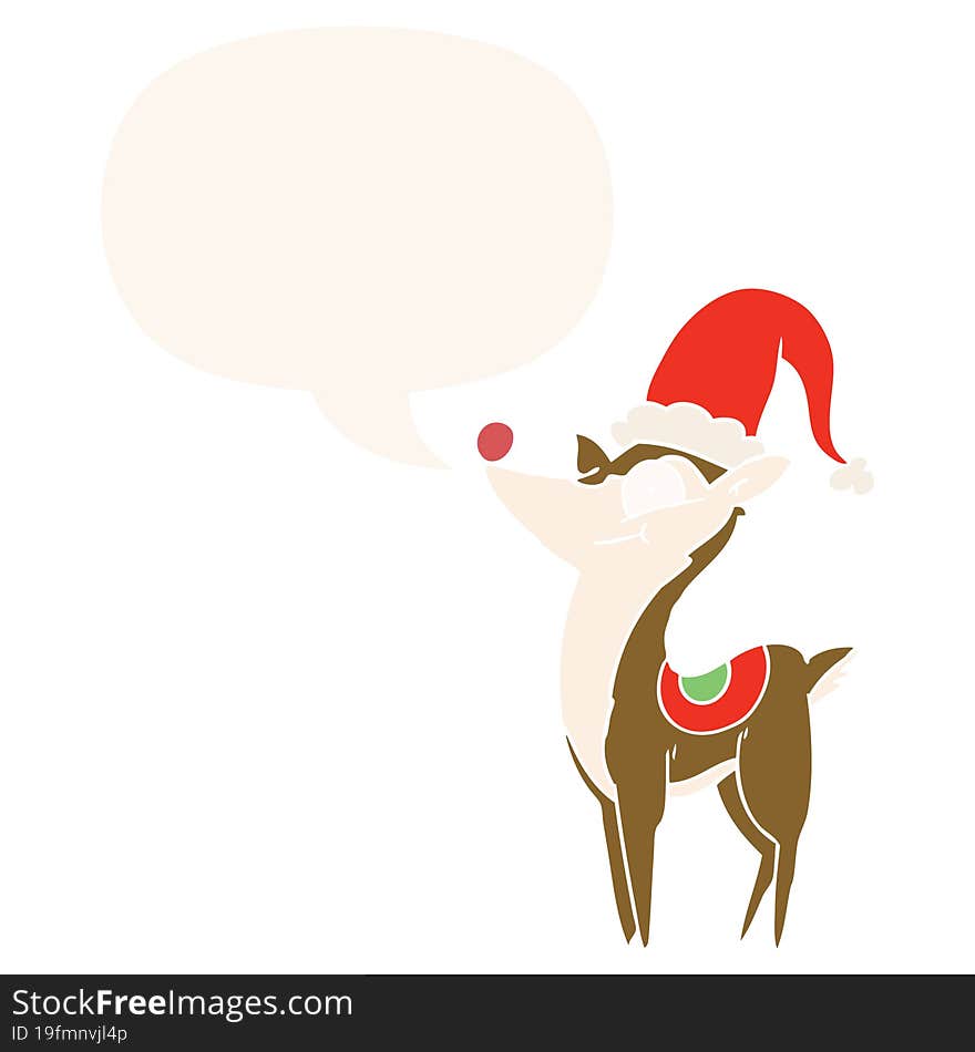 cartoon christmas reindeer with speech bubble in retro style