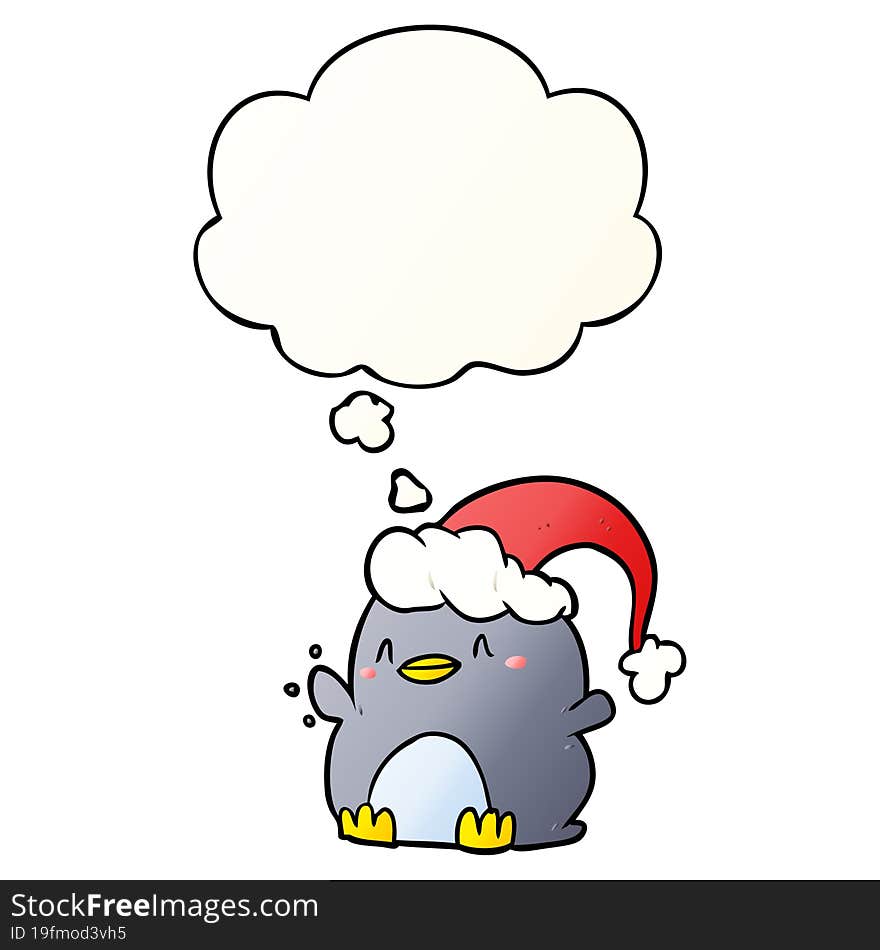 cartoon penguin wearing christmas hat and thought bubble in smooth gradient style