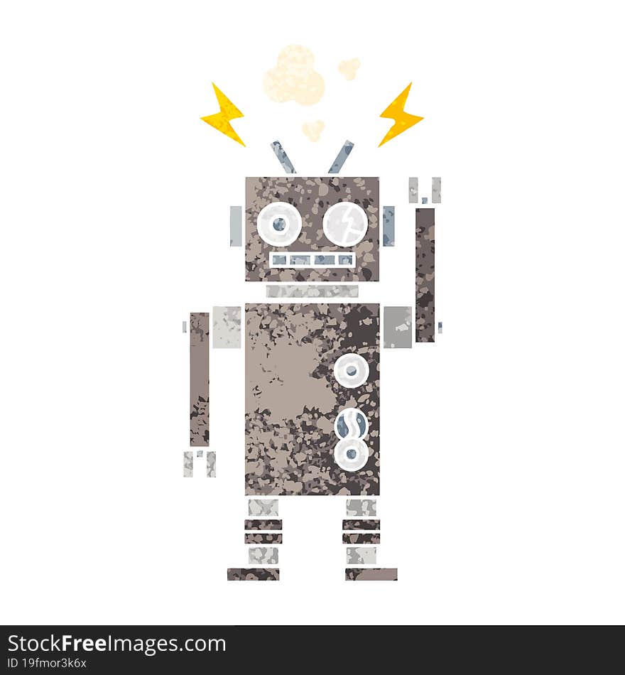 retro illustration style cartoon malfunctioning robot