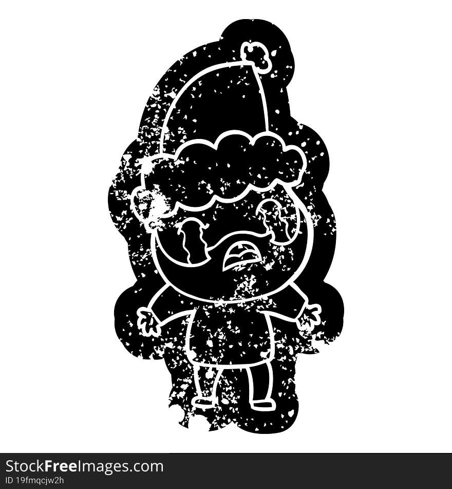 quirky cartoon distressed icon of a bearded man crying wearing santa hat