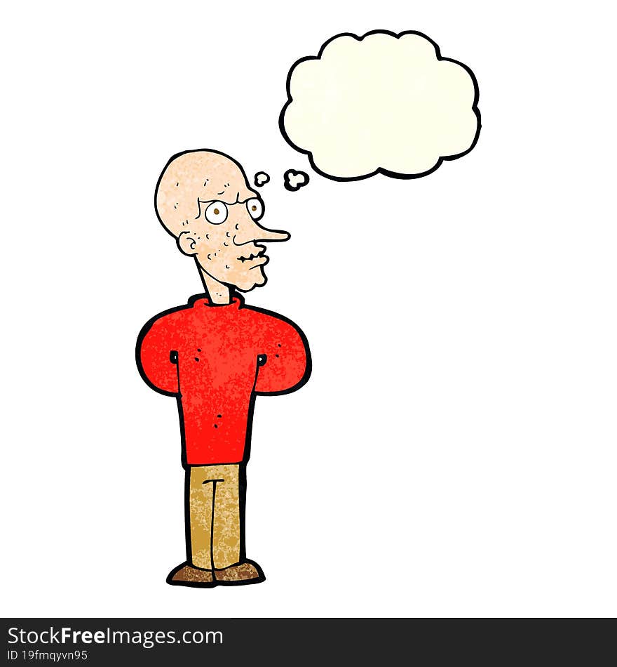 cartoon evil bald man with thought bubble