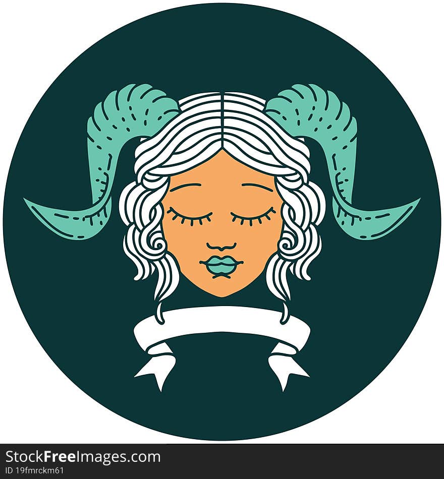 icon of tiefling character face with scroll banner. icon of tiefling character face with scroll banner