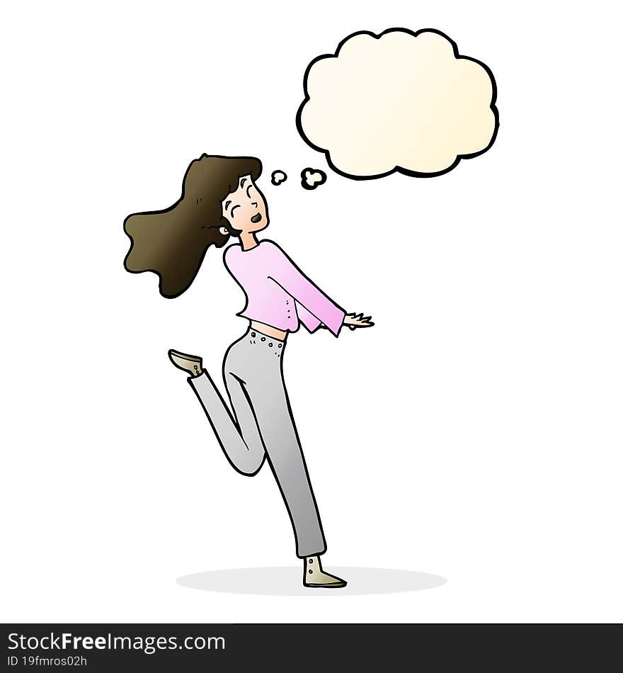 cartoon happy girl kicking out leg with thought bubble