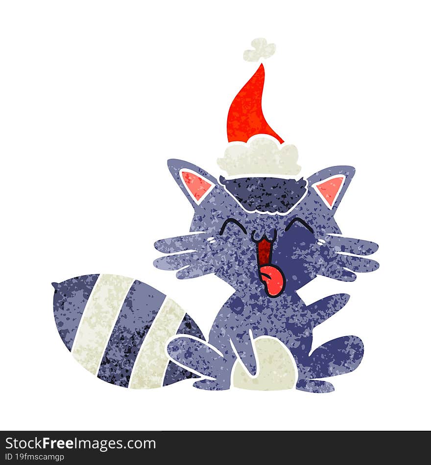 cute retro cartoon of a raccoon wearing santa hat