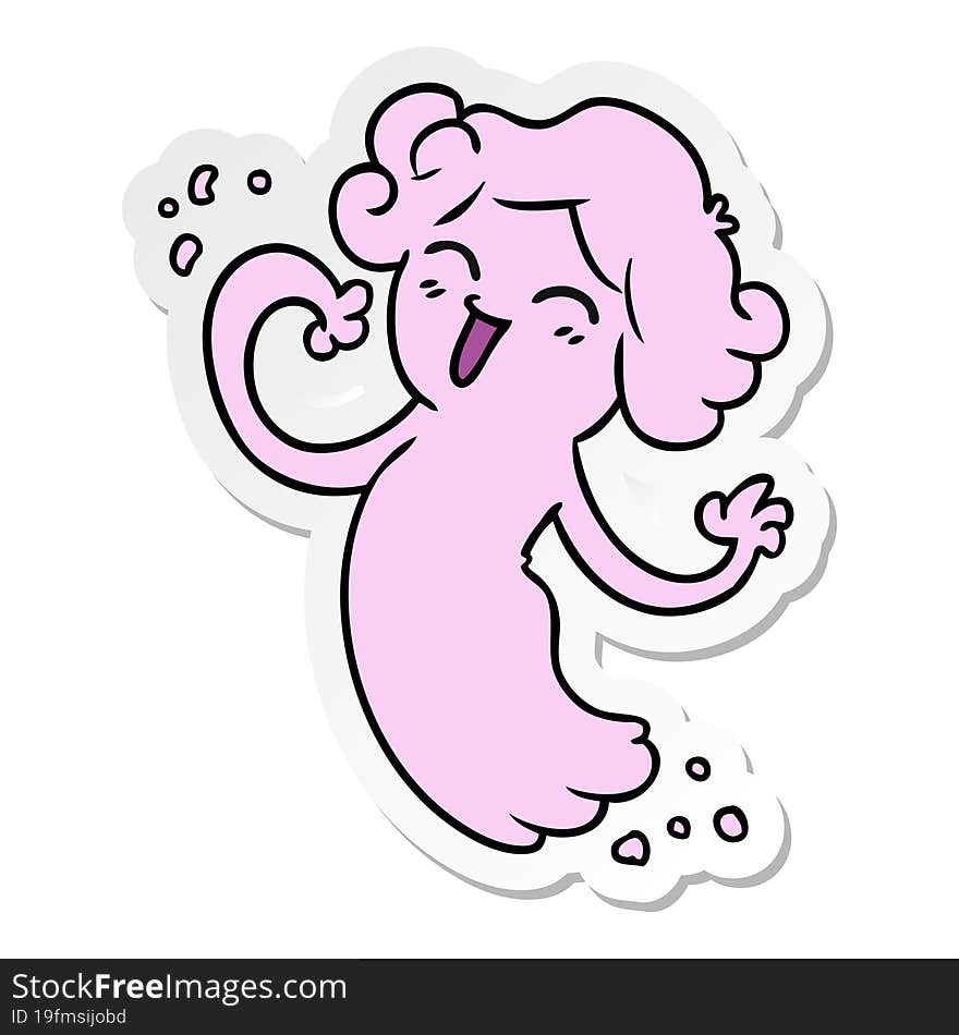 Sticker Cartoon Doodle Of A Happy Pink Ghost