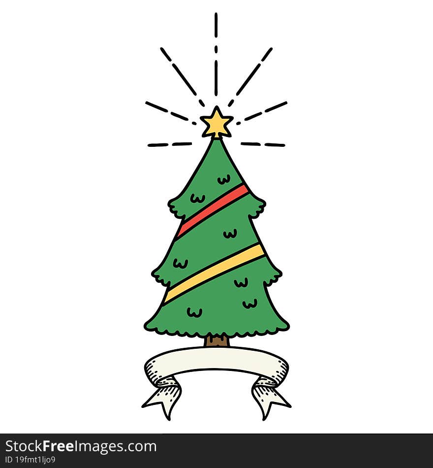 banner with tattoo style christmas tree with star