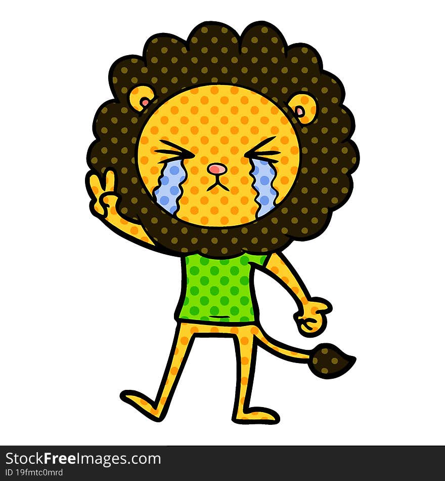 cartoon crying lion giving peace sign. cartoon crying lion giving peace sign