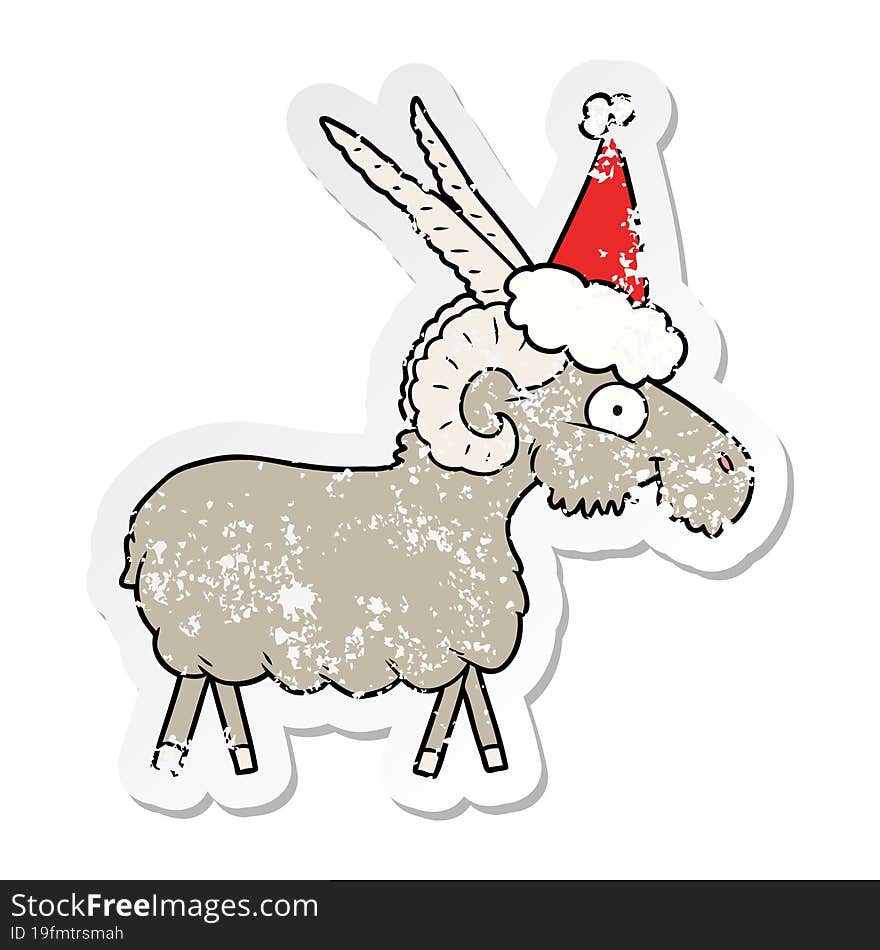 hand drawn distressed sticker cartoon of a goat wearing santa hat