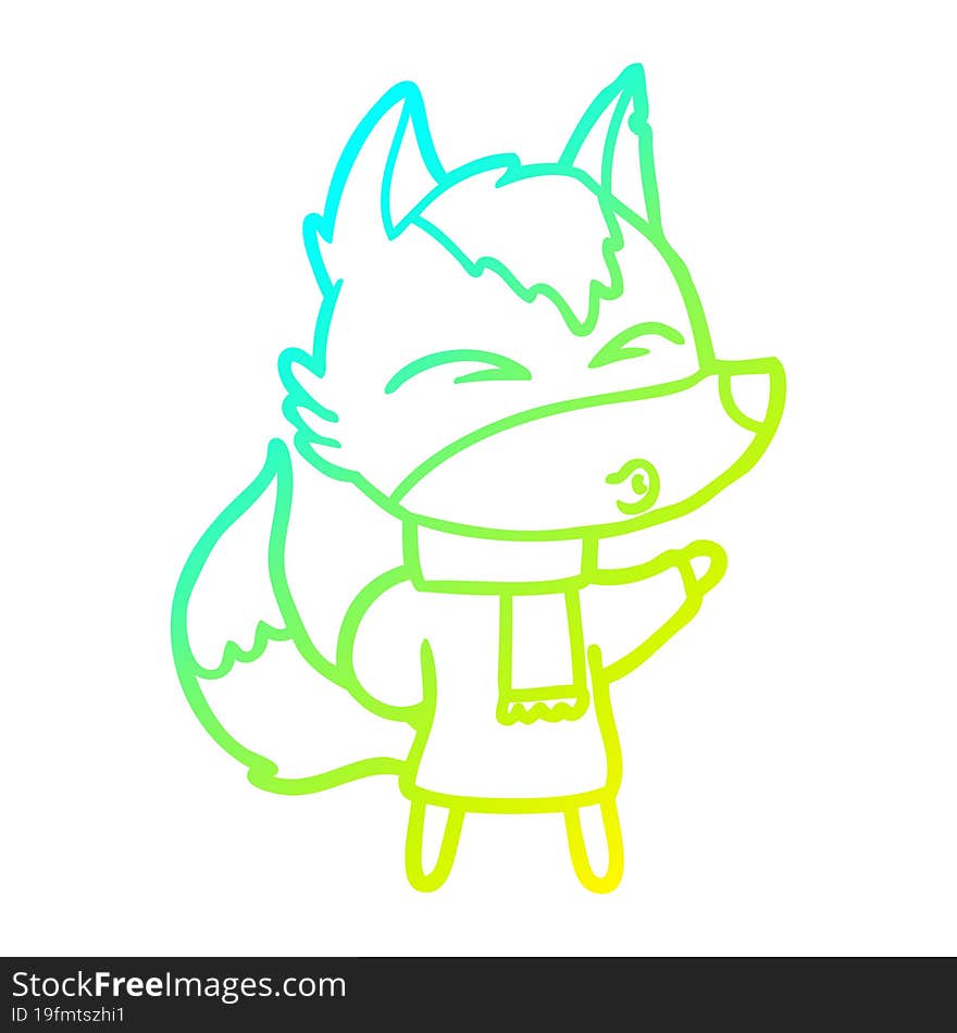 cold gradient line drawing cartoon wolf in winter clothes