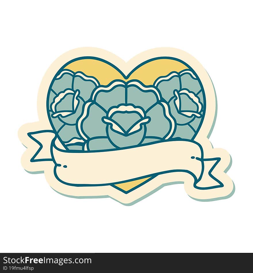 sticker of tattoo in traditional style of a heart and banner with flowers. sticker of tattoo in traditional style of a heart and banner with flowers