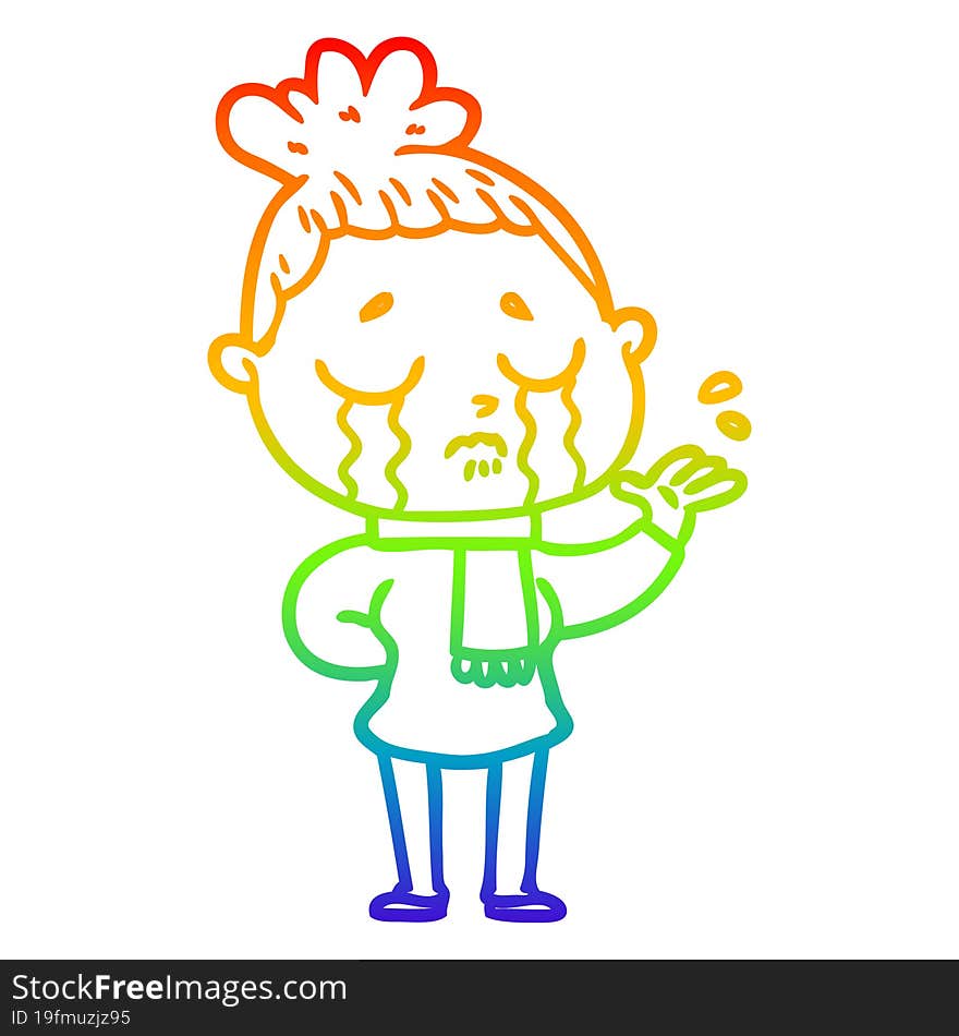 rainbow gradient line drawing of a cartoon crying woman