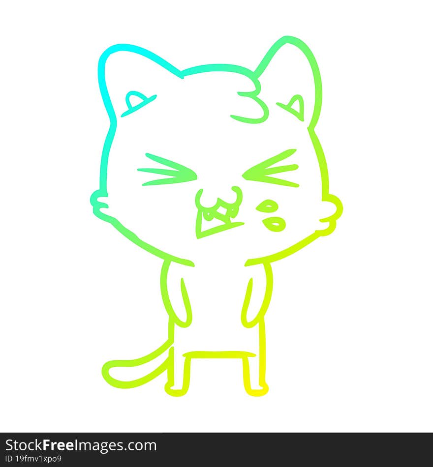 cold gradient line drawing of a cartoon cat hissing