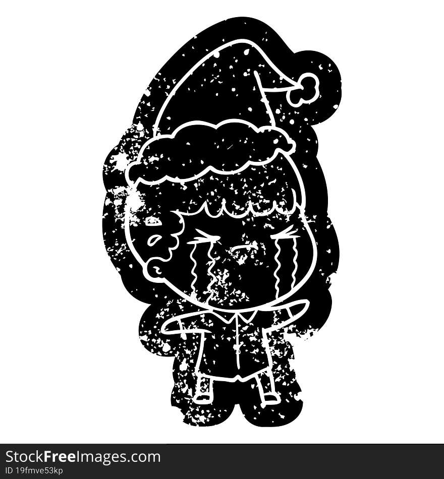 Cartoon Distressed Icon Of A Man Crying Wearing Santa Hat