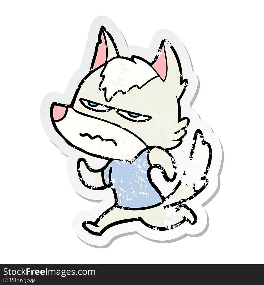 Distressed Sticker Of A Cartoon Annoyed Wolf