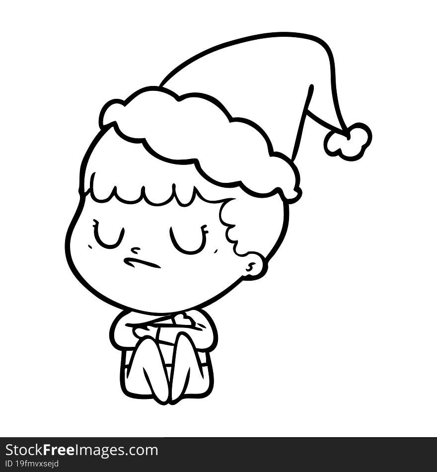 hand drawn line drawing of a grumpy boy wearing santa hat