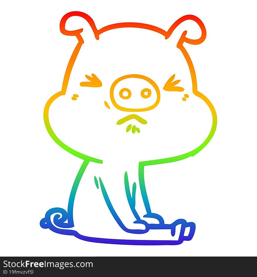 rainbow gradient line drawing of a cartoon angry pig sat waiting