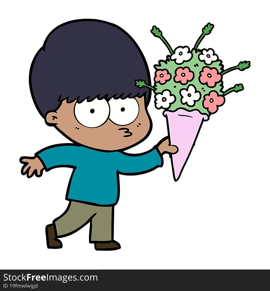 nervous cartoon boy with flowers. nervous cartoon boy with flowers