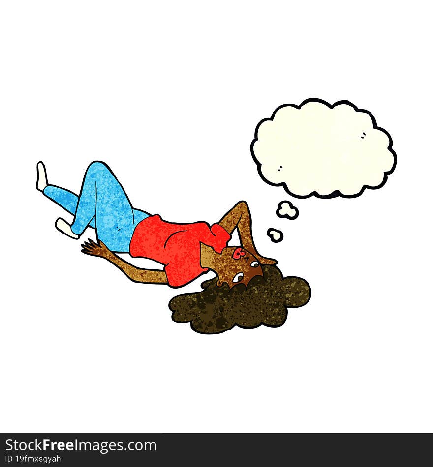 cartoon woman lying on floor with thought bubble