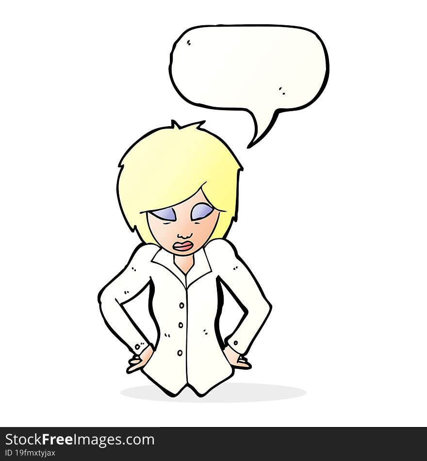 cartoon woman with hands on hips with speech bubble