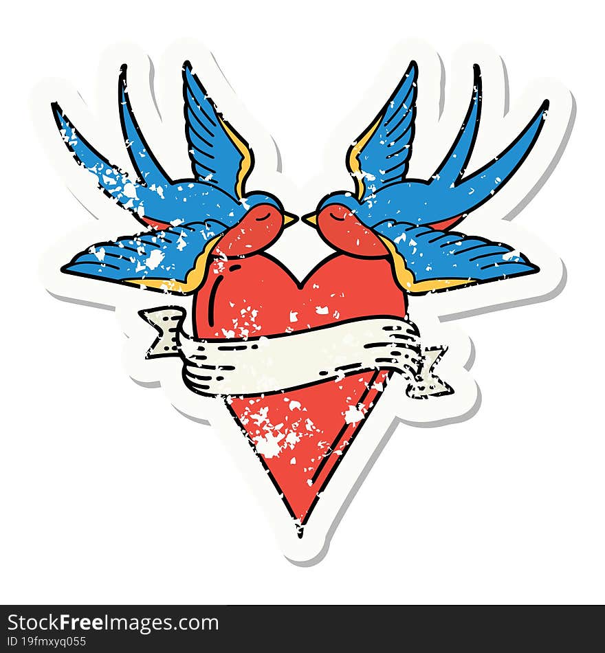 distressed sticker tattoo in traditional style of swallows and a heart with banner. distressed sticker tattoo in traditional style of swallows and a heart with banner