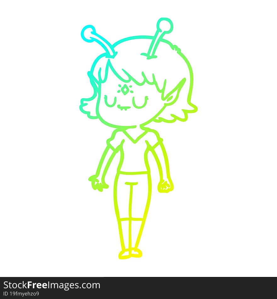 cold gradient line drawing of a cartoon alien girl