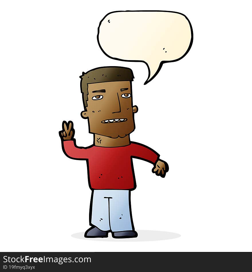 cartoon man giving peace sign with speech bubble