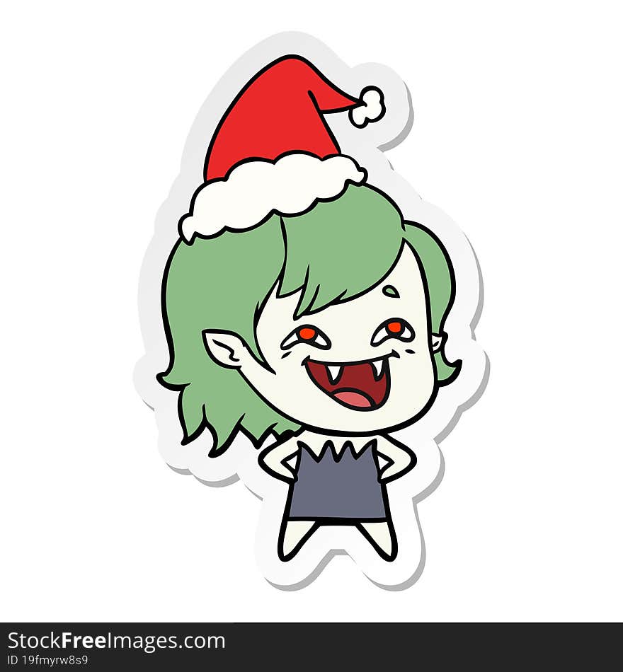 sticker cartoon of a laughing vampire girl wearing santa hat