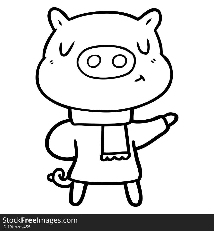 cartoon content pig in winter attire. cartoon content pig in winter attire