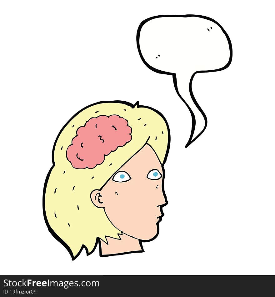 Cartoon Female Head With Brain Symbol With Speech Bubble