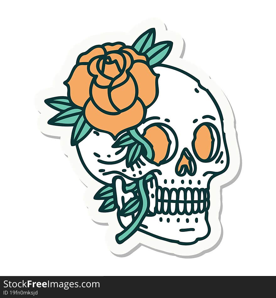 tattoo style sticker of a skull and rose