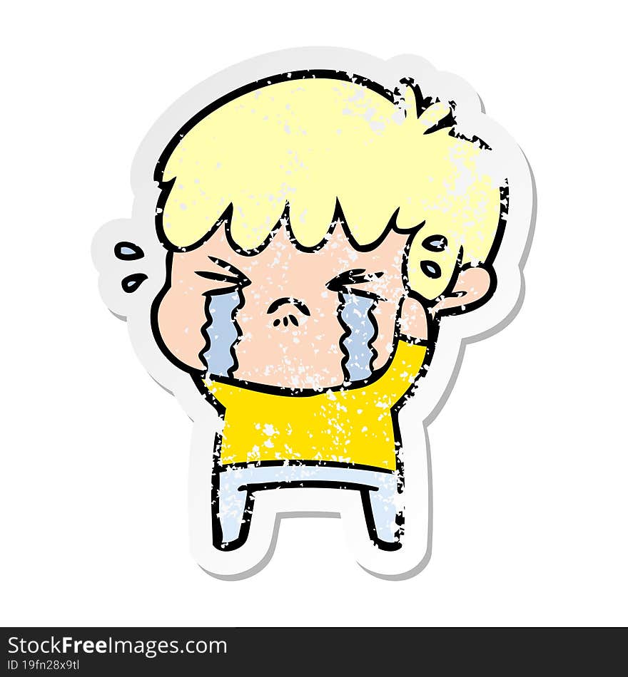 Distressed Sticker Of A Cartoon Boy Crying