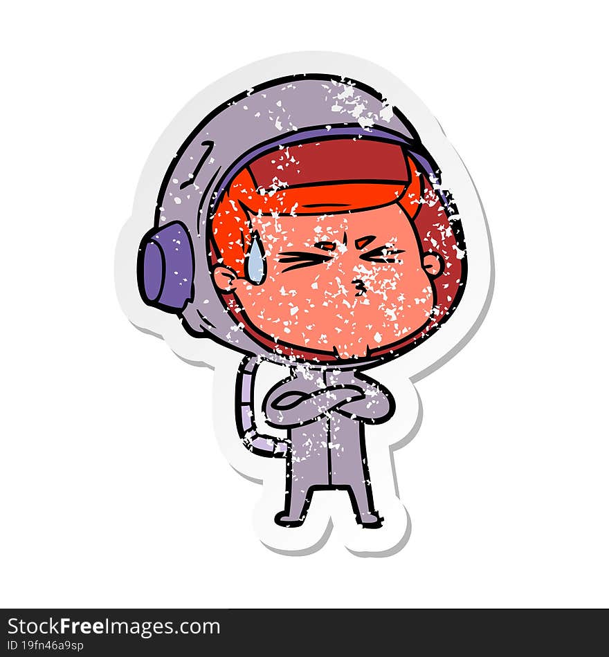 distressed sticker of a cartoon stressed astronaut