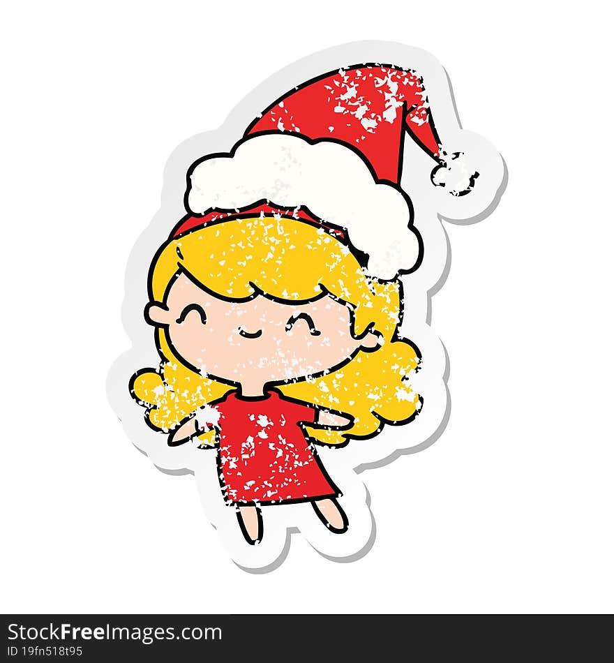 hand drawn christmas distressed sticker cartoon of kawaii girl