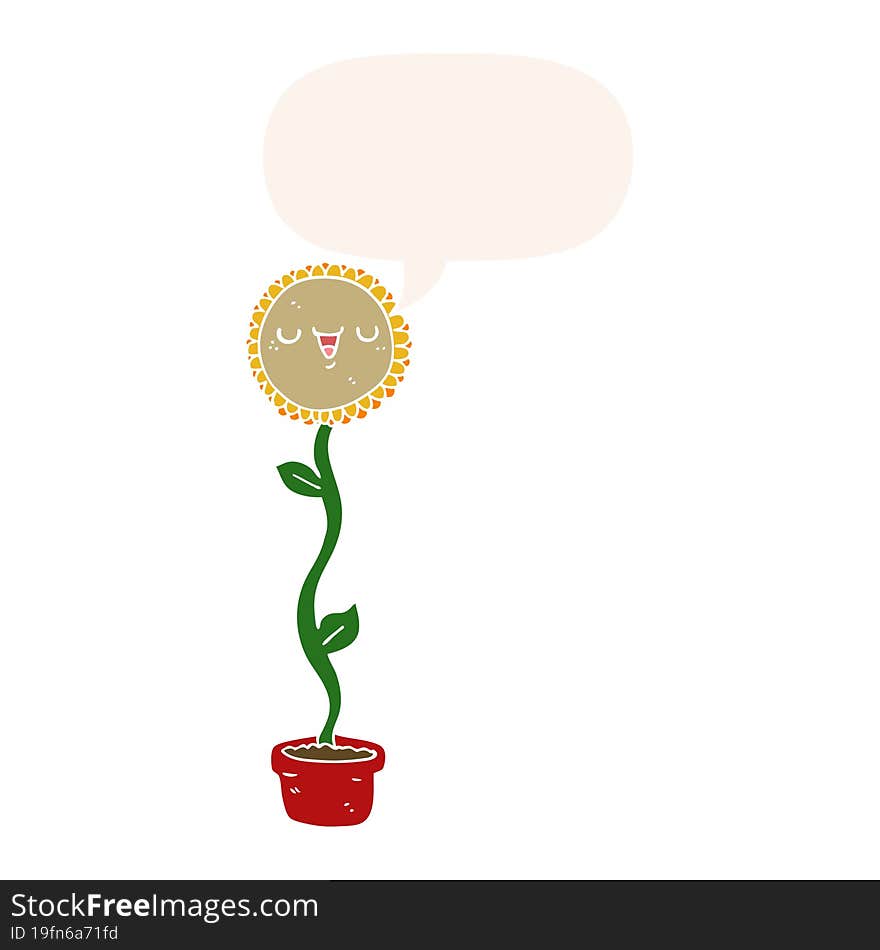 cartoon sunflower and speech bubble in retro style