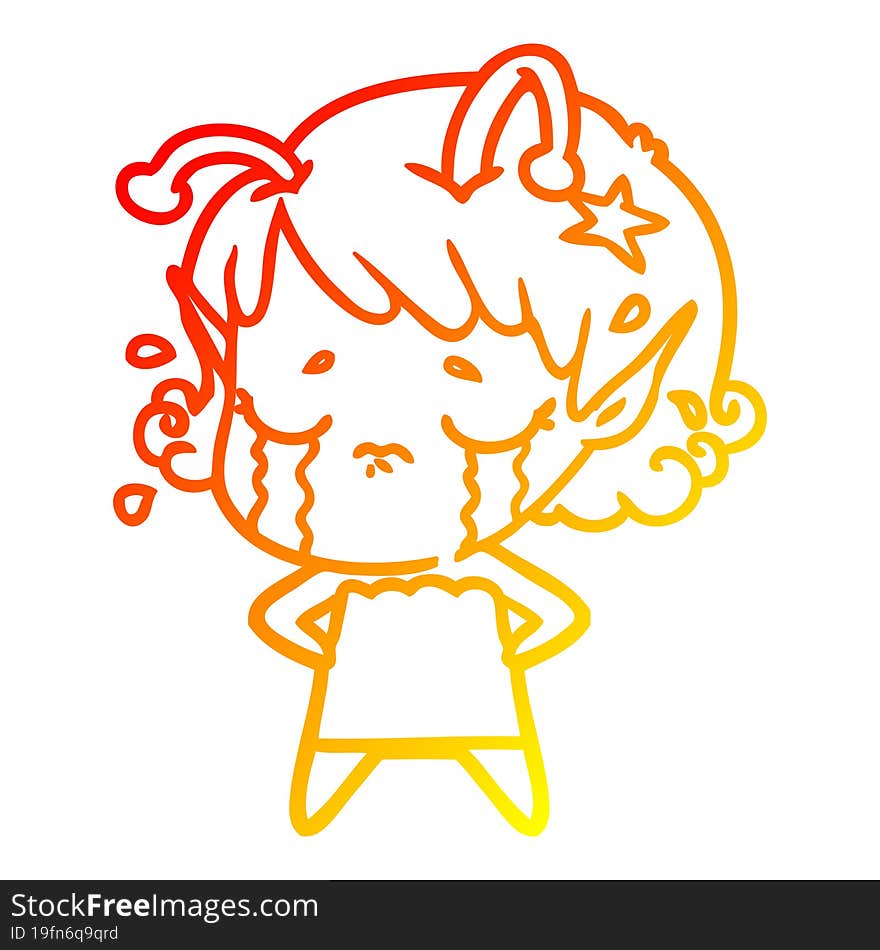 warm gradient line drawing of a cartoon crying alien girl