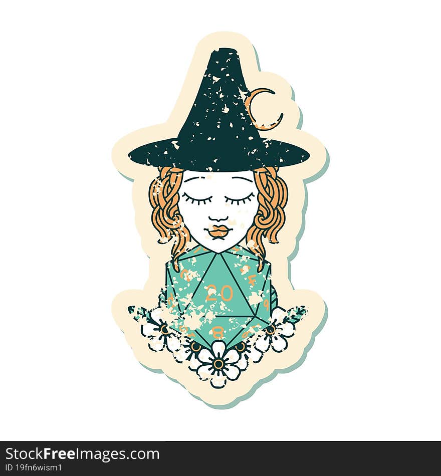 grunge sticker of a human witch with natural twenty dice roll. grunge sticker of a human witch with natural twenty dice roll