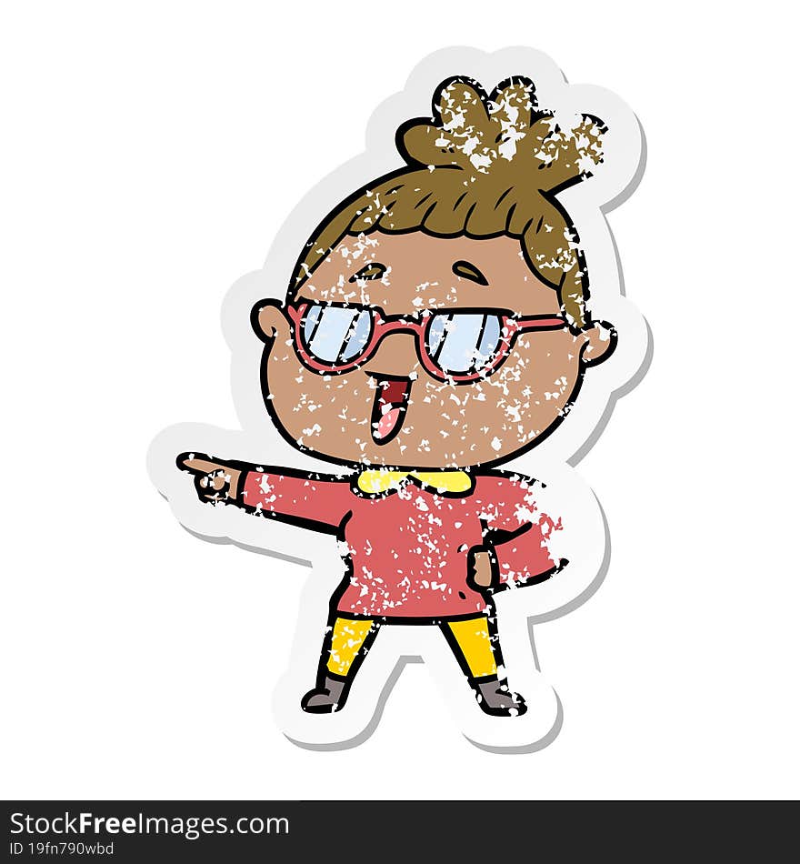 Distressed Sticker Of A Cartoon Happy Woman Wearing Spectacles