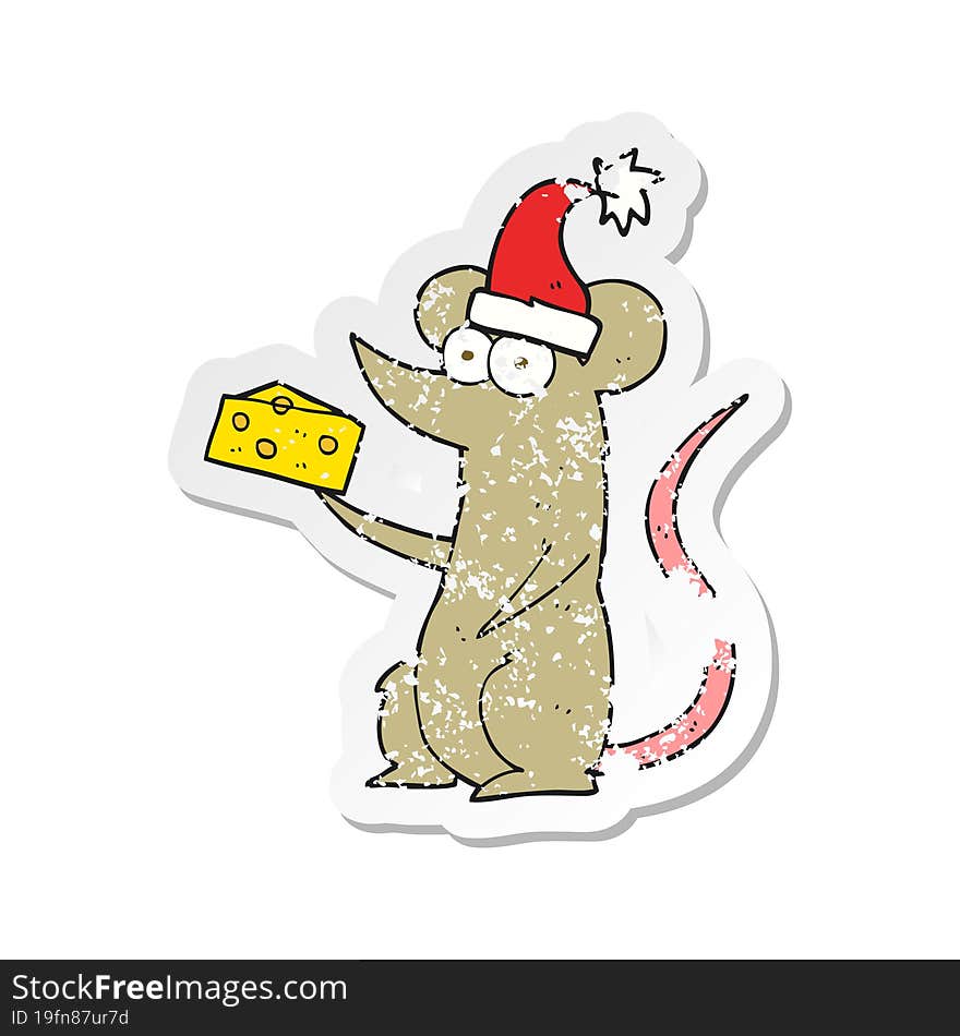 Retro Distressed Sticker Of A Cartoon Christmas Mouse With Cheese