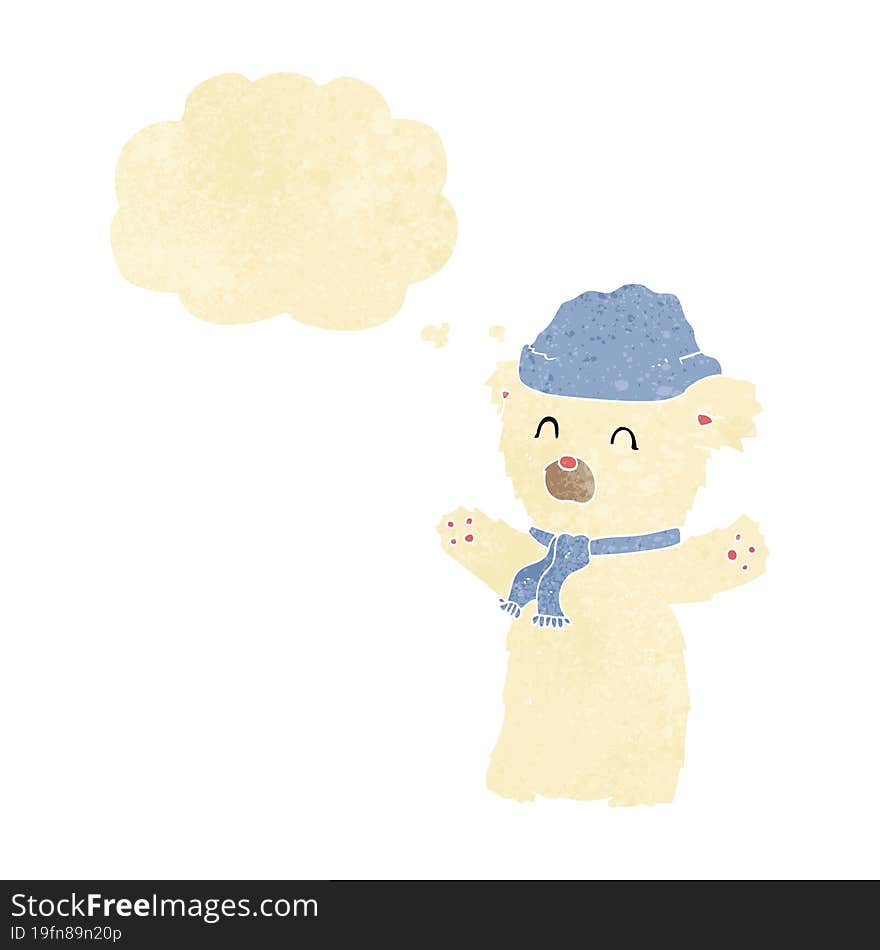 cartoon cute polar bear in hat and scarf with thought bubble