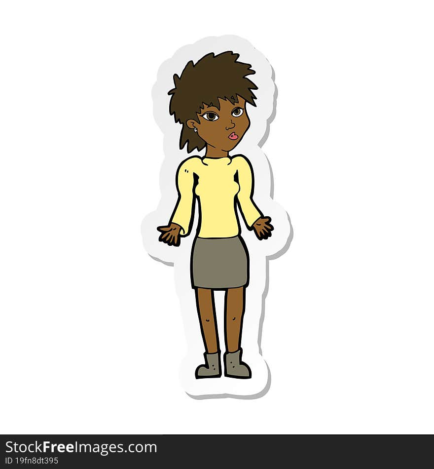 sticker of a cartoon woman shrugging shoulders