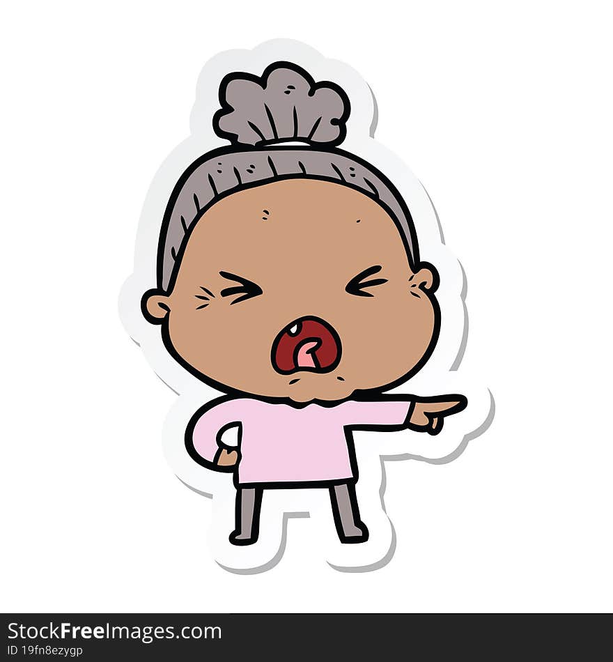 sticker of a cartoon angry old woman