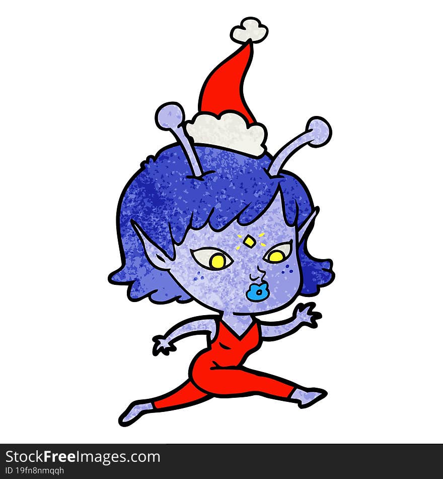 pretty textured cartoon of a alien girl running wearing santa hat