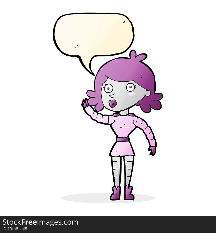 cartoon robot woman waving with speech bubble