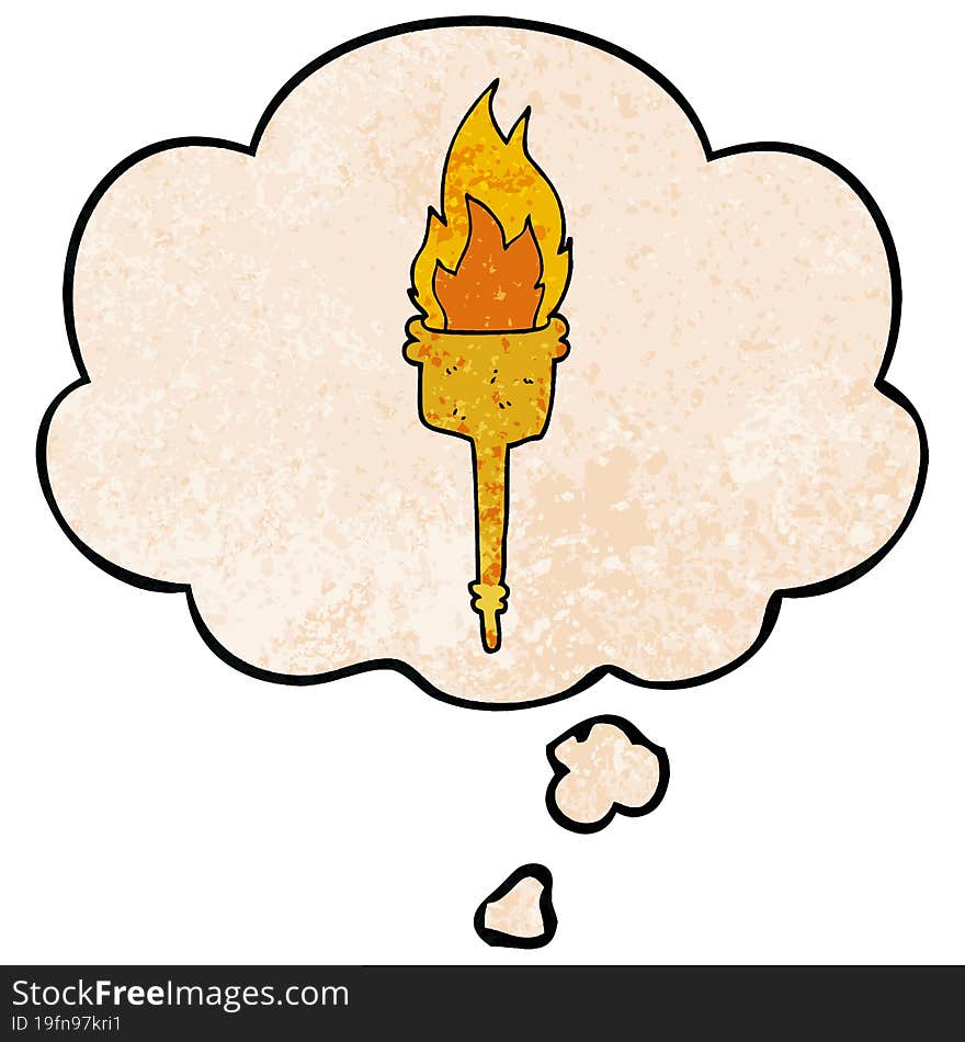 cartoon flaming torch and thought bubble in grunge texture pattern style