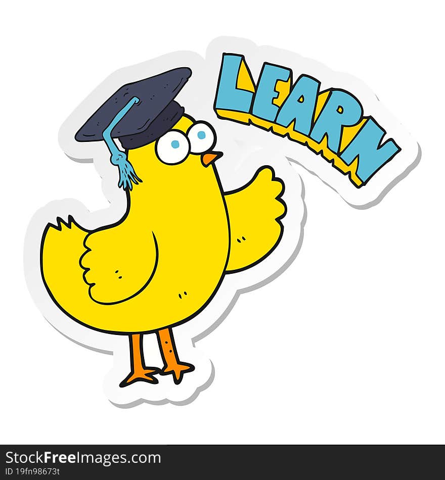 sticker of a cartoon bird with learn text