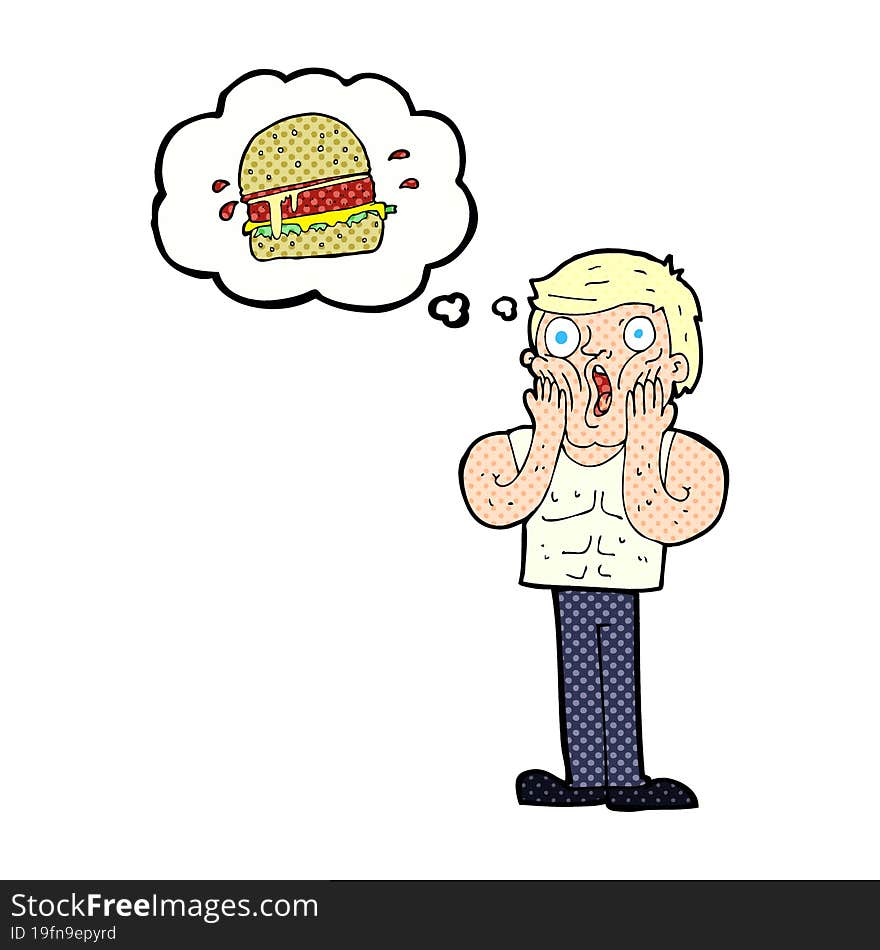 Cartoon Shocked Man Thinking About Junk Food