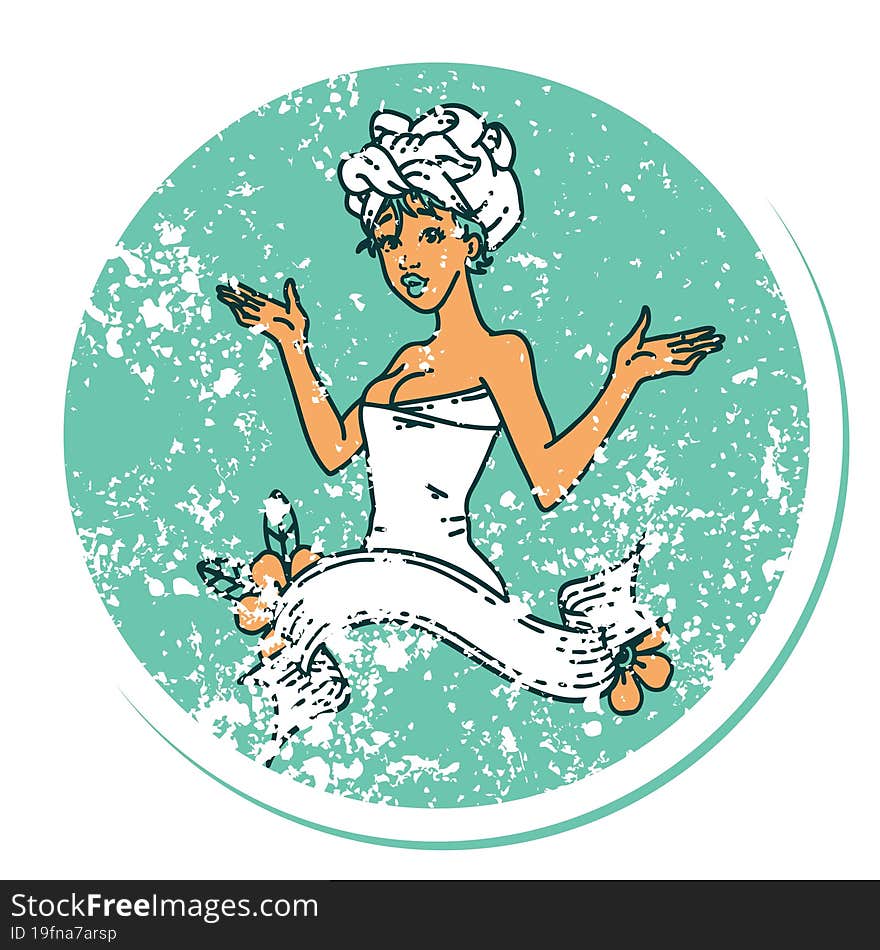 Distressed Sticker Tattoo Style Icon Of A Pinup Girl In Towel With Banner