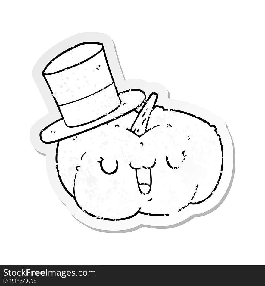 distressed sticker of a cartoon pumpkin wearing hat