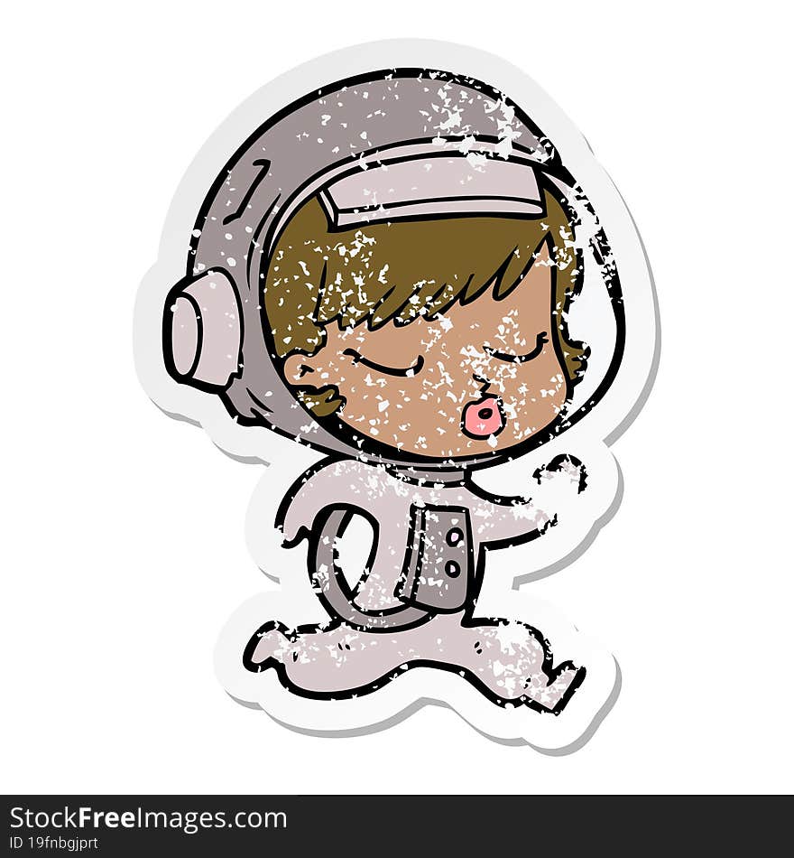 distressed sticker of a cartoon pretty astronaut girl running